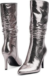 Silver Snakeskin Metallic Stiletto Style Mid Calf Boots