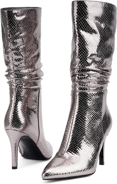 Gold Snakeskin Metallic Stiletto Style Mid Calf Boots