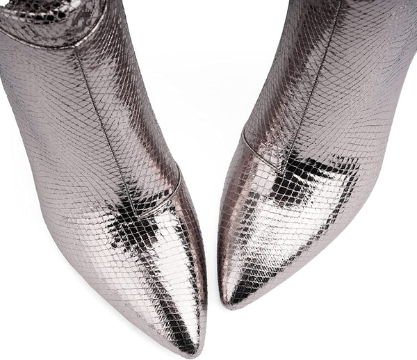 Silver Snakeskin Metallic Stiletto Style Mid Calf Boots