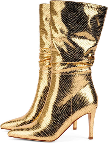 Gold Snakeskin Metallic Stiletto Style Mid Calf Boots