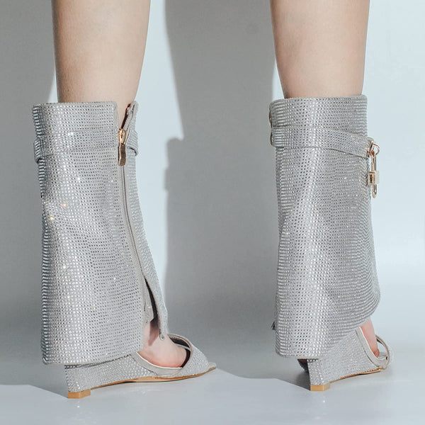 Rhinestone Silver Glitter Sequin Open Toe Sandal Boots