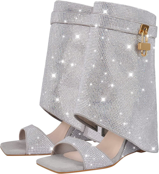 Rhinestone Silver Glitter Sequin Open Toe Sandal Boots