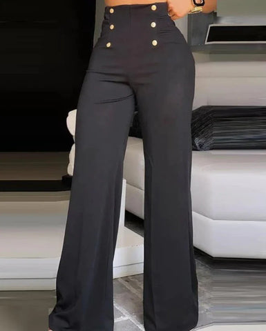 High Waist Black Button Front Wide Leg Pants