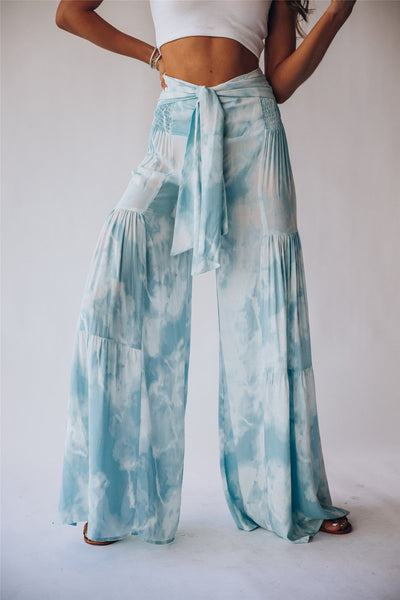 Floral Turquoise Tied Waist Wide Leg Palazzo Pants