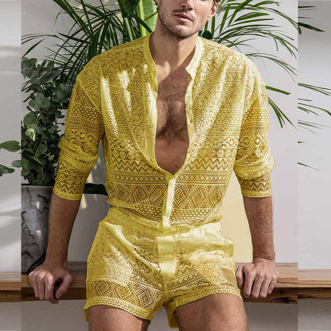 Men's Yellow Mesh Lace Top & Summer Short Set