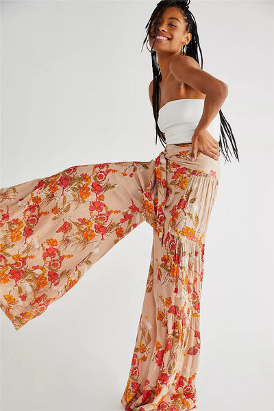 Floral Turquoise Tied Waist Wide Leg Palazzo Pants