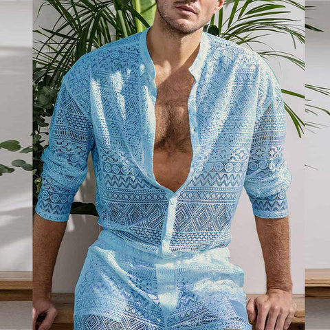 Men's Blue Mesh Lace Top & Summer Short Set