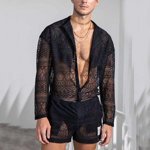 Men's Black Mesh Lace Top & Summer Short Set