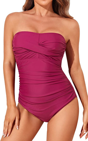 Berry Pink One Piece Bandeau Strapless Swimsuit