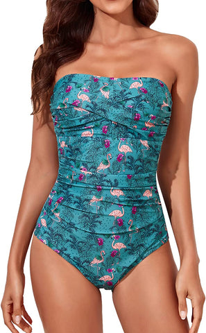 Turquoise Flamingo One Piece Bandeau Strapless Swimsuit