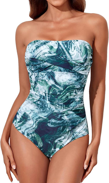 Abstract Blue One Piece Bandeau Strapless Swimsuit