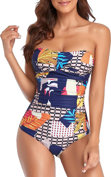 Abstract Blue One Piece Bandeau Strapless Swimsuit