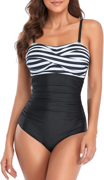 Abstract Blue One Piece Bandeau Strapless Swimsuit