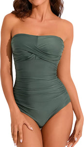 Army Green One Piece Bandeau Strapless Swimsuit