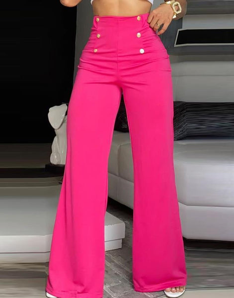 High Waist Pink Button Front Wide Leg Pants