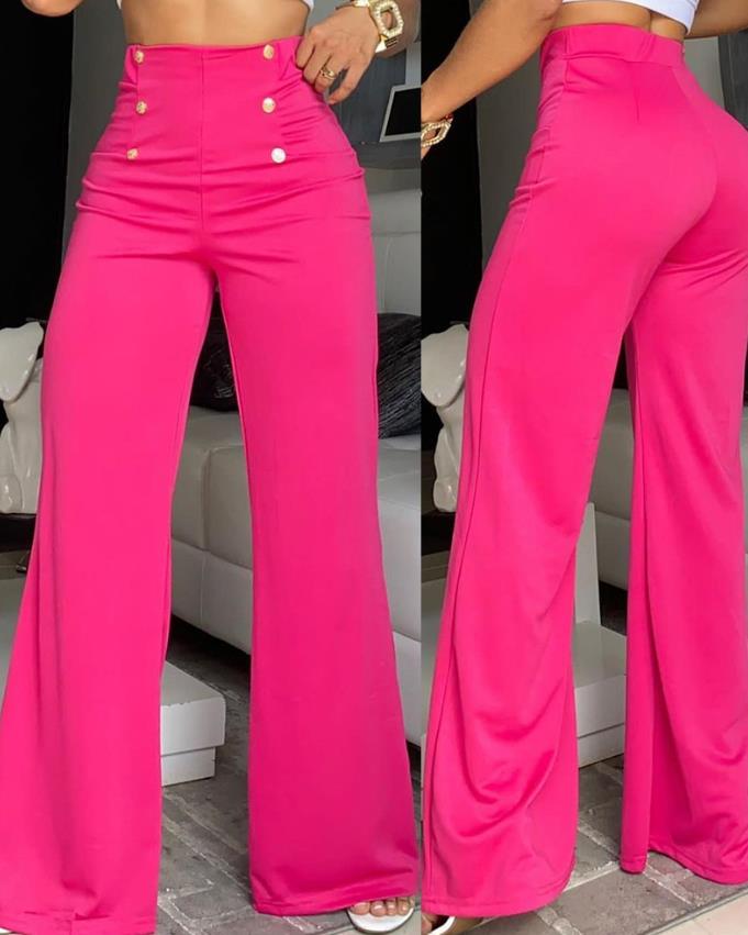 High Waist Pink Button Front Wide Leg Pants