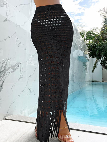 Crochet Tassel Black High Waist Maxi Skirt