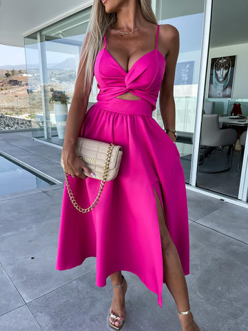 Cute Rose Pink Tied Knot Cut Out Sleeveless Maxi Dress w/Slit