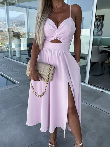 Cute Light Pink Tied Knot Cut Out Sleeveless Maxi Dress w/Slit