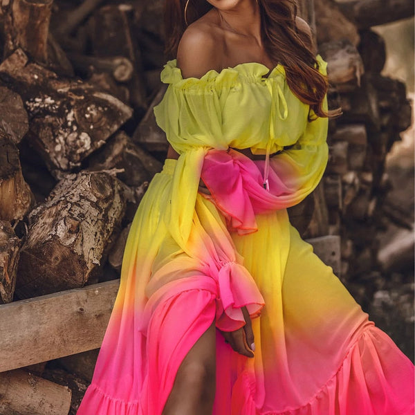 Chiffon Gradient Colorful 2pc Long Sleeve Yellow/Pink Crop Top Maxi Dress/Skirt