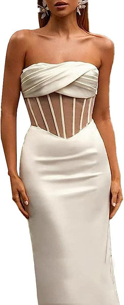 White Mesh Corset Draped Strapless Midi Dress