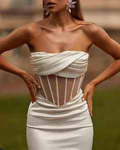 White Mesh Corset Draped Strapless Midi Dress