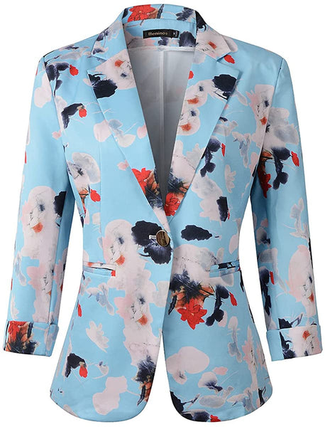 Women's White Floral 3/4 Sleeve Casual Office Blazer