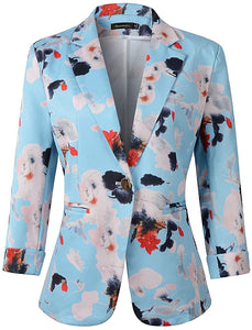 Women's Light Blue Floral 3/4 Sleeve Casual Office Blazer