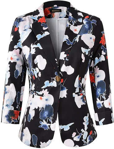 Women's Black Floral 3/4 Sleeve Casual Office Blazer