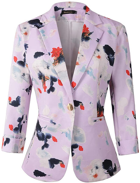 Women's White Floral 3/4 Sleeve Casual Office Blazer