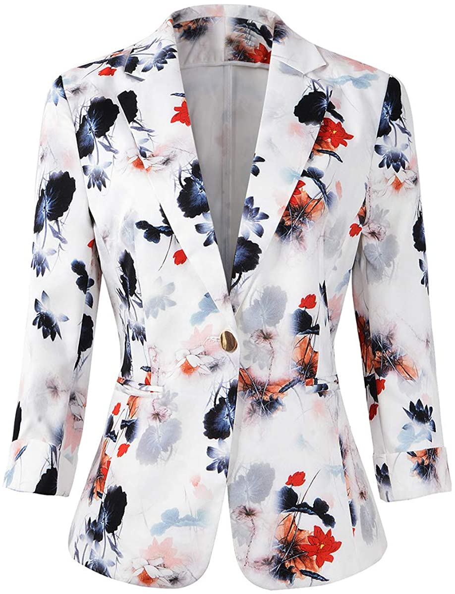 Women's White Floral 3/4 Sleeve Casual Office Blazer