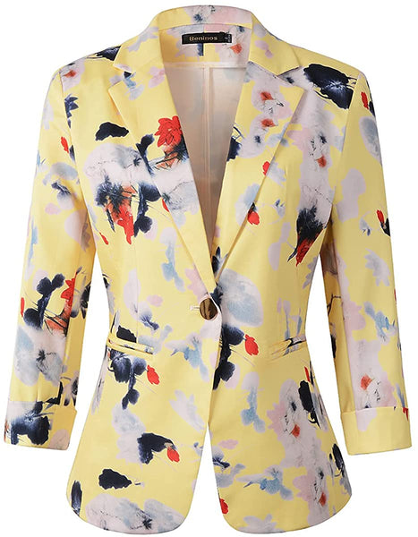 Women's White Floral 3/4 Sleeve Casual Office Blazer