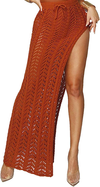 Chic High Waist Khaki Crochet Hollow Slit Maxi Skirt