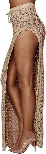 Chic High Waist Khaki Crochet Hollow Slit Maxi Skirt