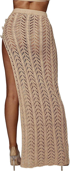 Chic High Waist Khaki Crochet Hollow Slit Maxi Skirt