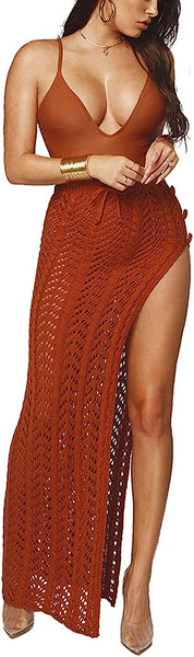 Chic High Waist Khaki Crochet Hollow Slit Maxi Skirt