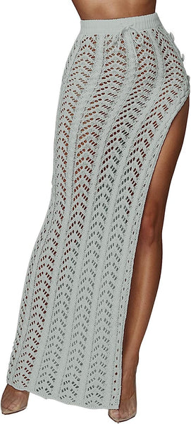 Chic High Waist White Crochet Hollow Slit Maxi Skirt