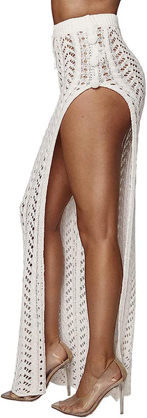 Chic High Waist Khaki Crochet Hollow Slit Maxi Skirt