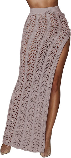 Chic High Waist Khaki Crochet Hollow Slit Maxi Skirt