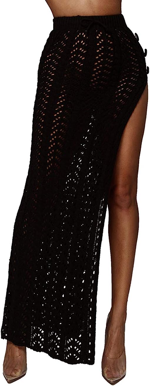 Chic High Waist Black Crochet Hollow Slit Maxi Skirt