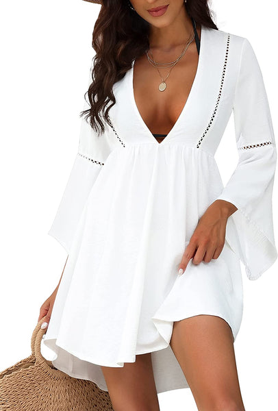 Beach Babe Black V Neck Bell Sleeve Cover Up Mini Dress