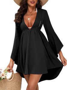 Beach Babe Black V Neck Bell Sleeve Cover Up Mini Dress