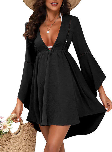 Beach Babe White V Neck Bell Sleeve Cover Up Mini Dress