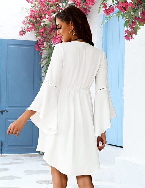 Beach Babe White V Neck Bell Sleeve Cover Up Mini Dress