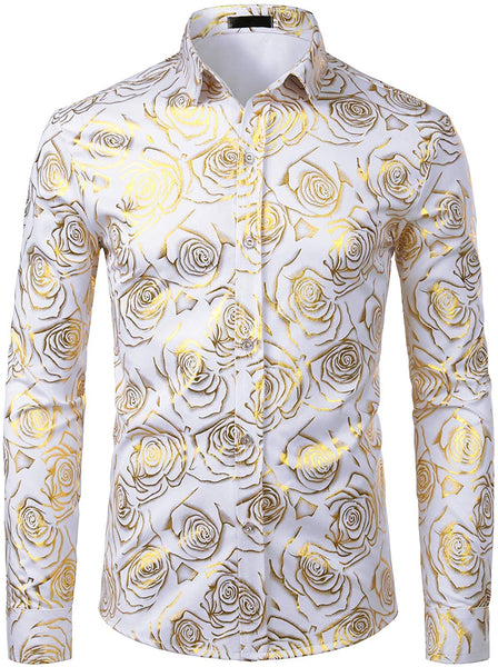 Men's Luxury Shiny White Paisley Long Sleeve Button Up Dress Shirt