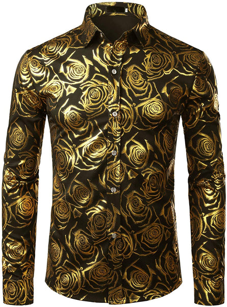 Men's Luxury Shiny White Rose Gold Long Sleeve Dress Shirt