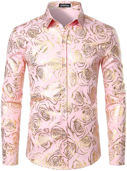 Men's Luxury Shiny White Rose Gold Long Sleeve Dress Shirt