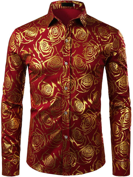 Men's Luxury Shiny Navy Blue Rose Gold Long Sleeve Dress Shirt