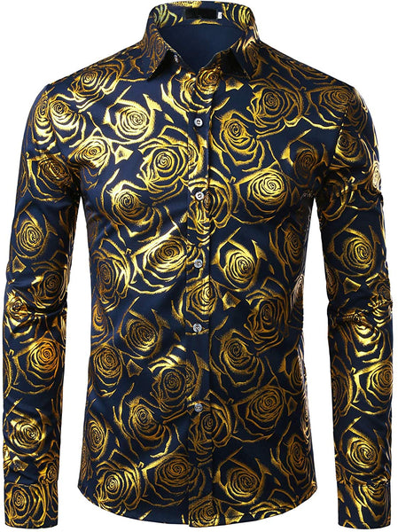 Men's Luxury Shiny Navy Blue Paisley Long Sleeve Dress Shirt