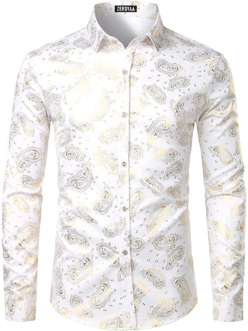 Men's Luxury Shiny White Paisley Long Sleeve Button Up Dress Shirt